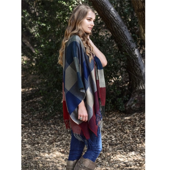 Red Navy Cream Plaid Fall Ruana Poncho Shawl Scarf - Picture 7 of 8